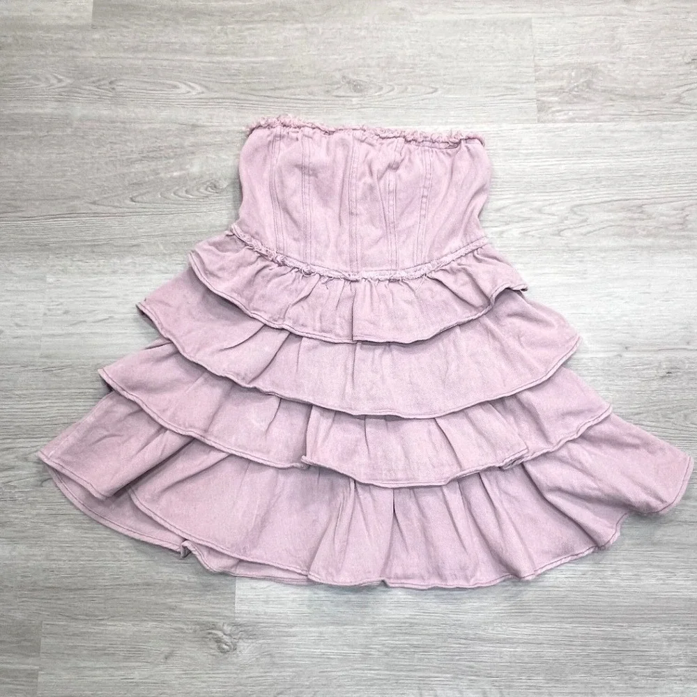 So Me Denim Strapless Tiered Ruffle Mini Dress Sz Small Smocked Mauve Pink - Picture 10 of 10